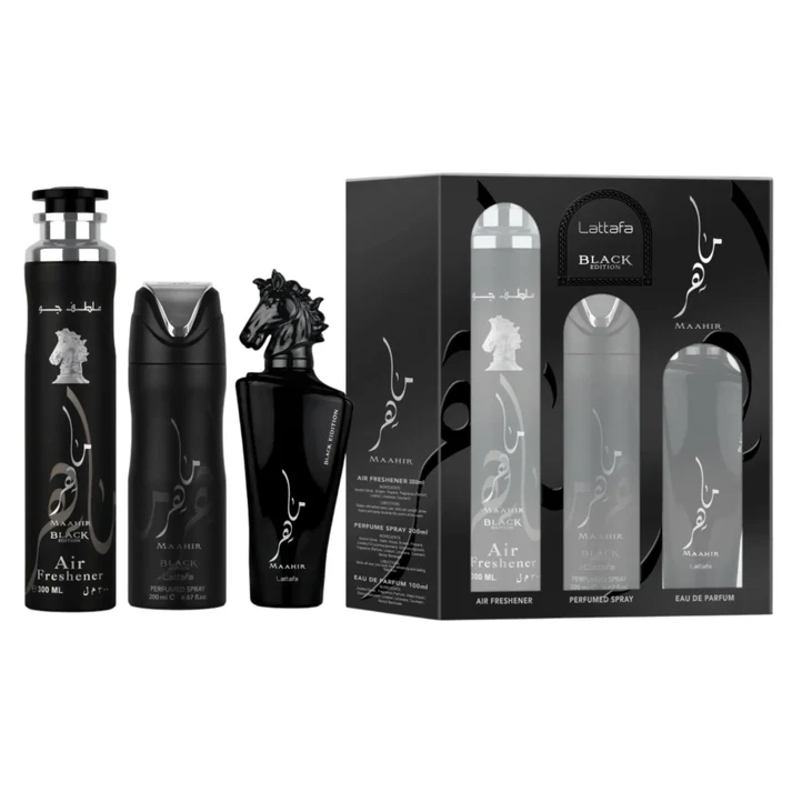 Lattafa Maahir Black Edition 3-Piece Oriental Spicy Perfume Gift Set for Men & Women